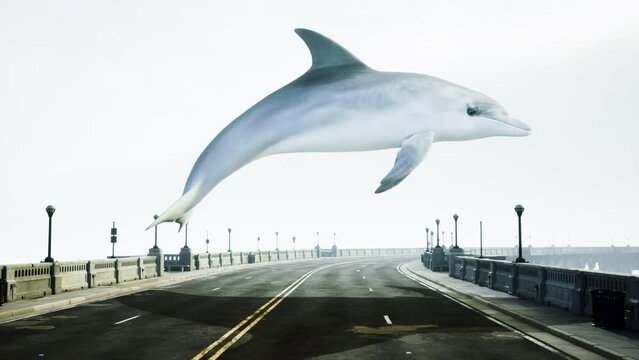 Flying Dolphin Soars Over Road