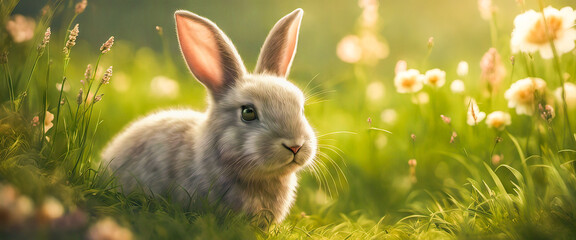 Fototapeta na wymiar Rabbit. Cute little Easter bunny in meadow. Green grass under sunbeams. Rabbit