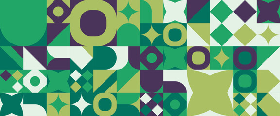 Geometric minimal pattern mosaic. Simple green black and white circle shapes, modern bauhaus banner vector design. Vector flat mosaic horizontal banners template