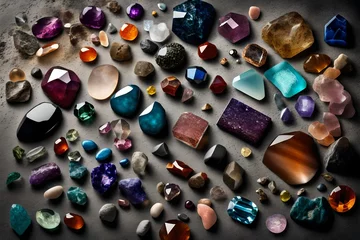 Fototapete An artistic composition featuring a collection of assorted gemstones arranged on a concrete surface, highlighting the unique colors and textures of each precious stone. © Resonant Visions