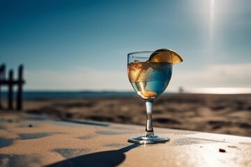 Glass with cocktail on the beach