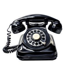 Black vintage telephone with a cord on transparent background