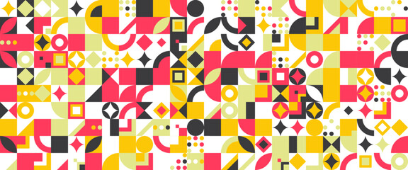 Colorful colourful modern minimalist mid century neo geometric mosaic bauhaus style memphis seamless pattern abstract vector illustration. Vector flat mosaic horizontal banners template