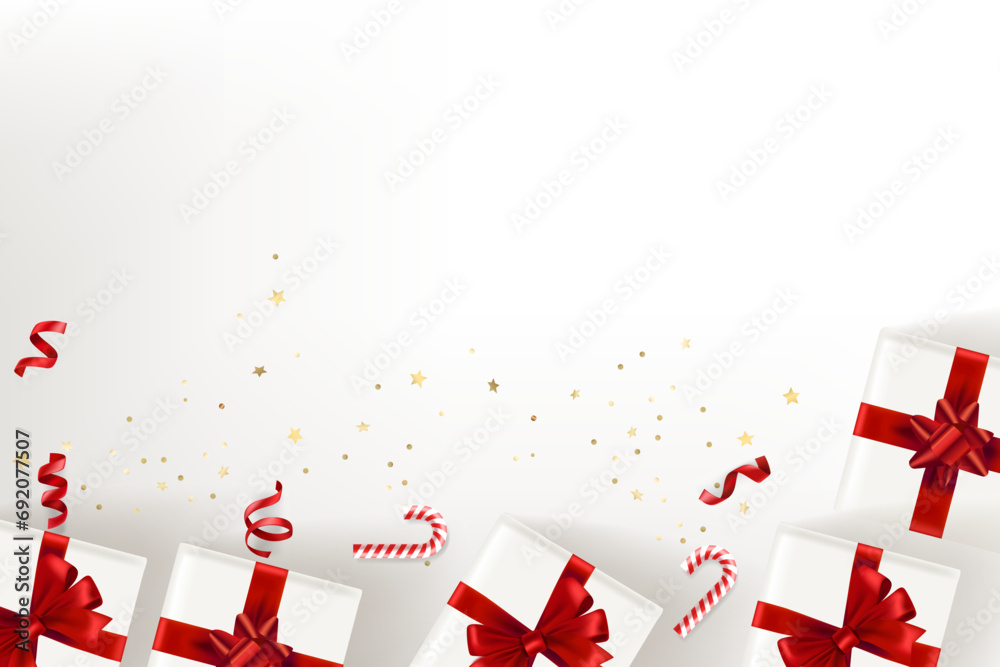 Aufkleber christmas accessories on a table. 3d vector banner with copy space