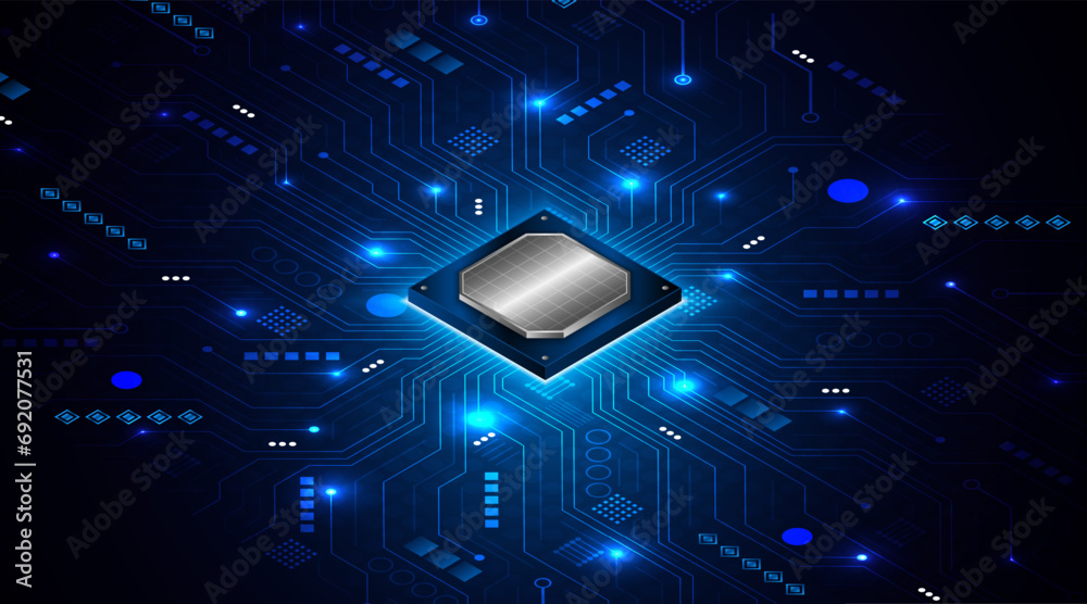Poster Microchip processor circuit board technology on dark blue background. Information Processing Concept. Circuit board hi-tech technology background. vector illustration	