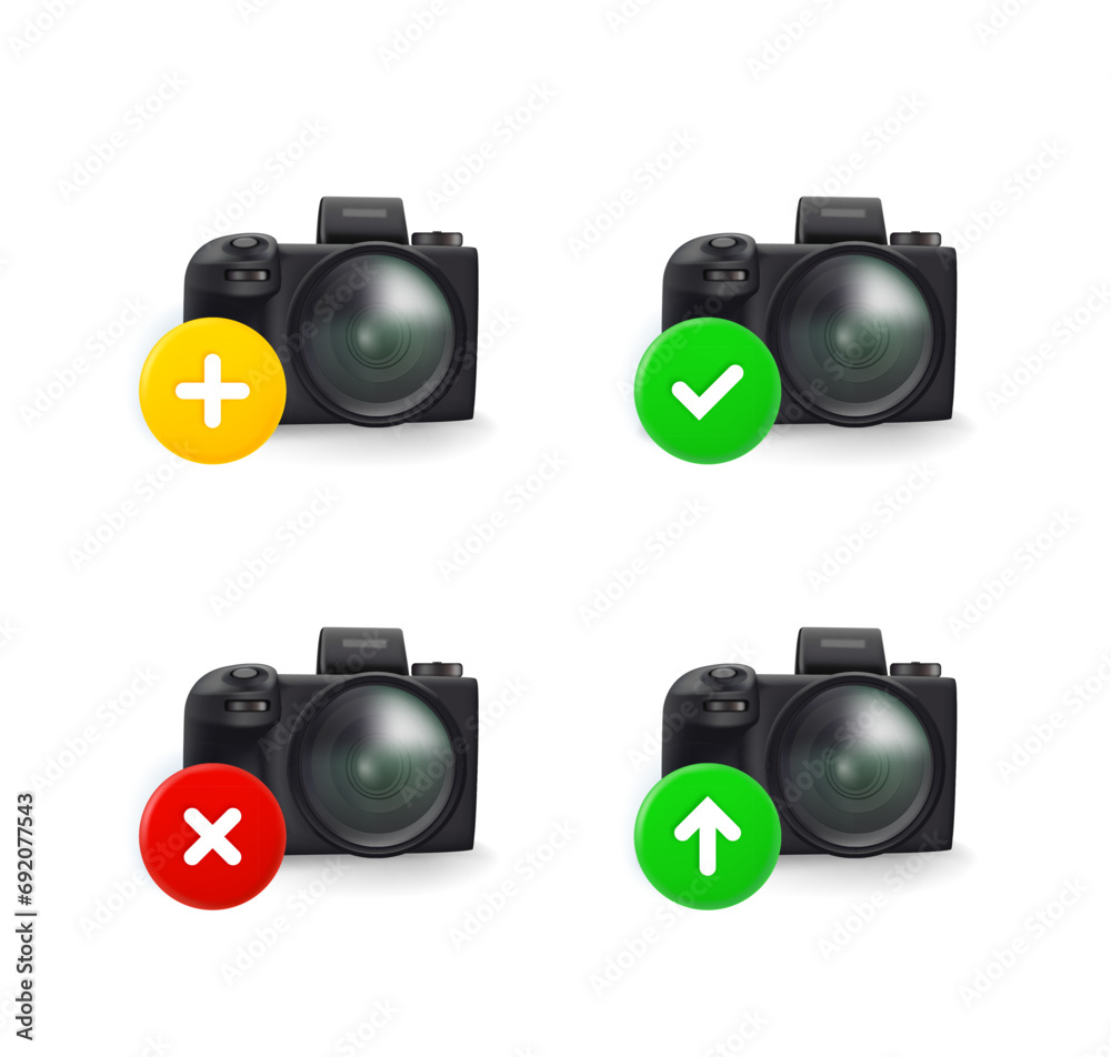Poster Camera icons set with different pictograms. 3d vector icons set isolated on white background