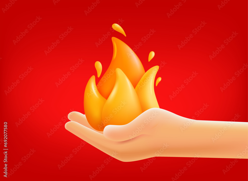 Poster Hand with flame. 3d vector mobile application icon with notification