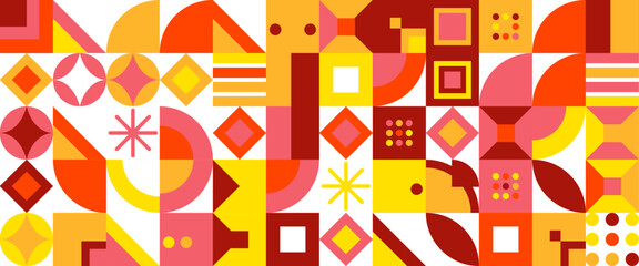 Colorful colourful modern minimalist mid century neo geometric mosaic bauhaus style memphis seamless pattern abstract vector illustration. Vector flat mosaic horizontal banners template - obrazy, fototapety, plakaty