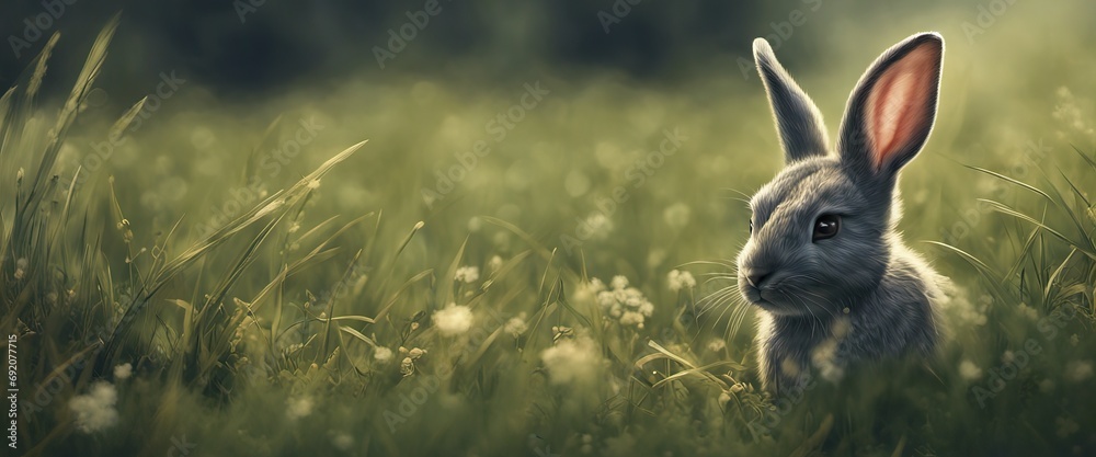 Wall mural banner fluffy bunny in a green garden on a sunny day easter animals background.