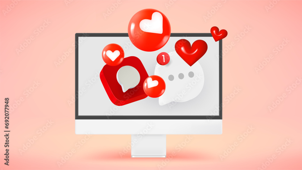 Poster modern computer with social media icons. 3d vector illustration