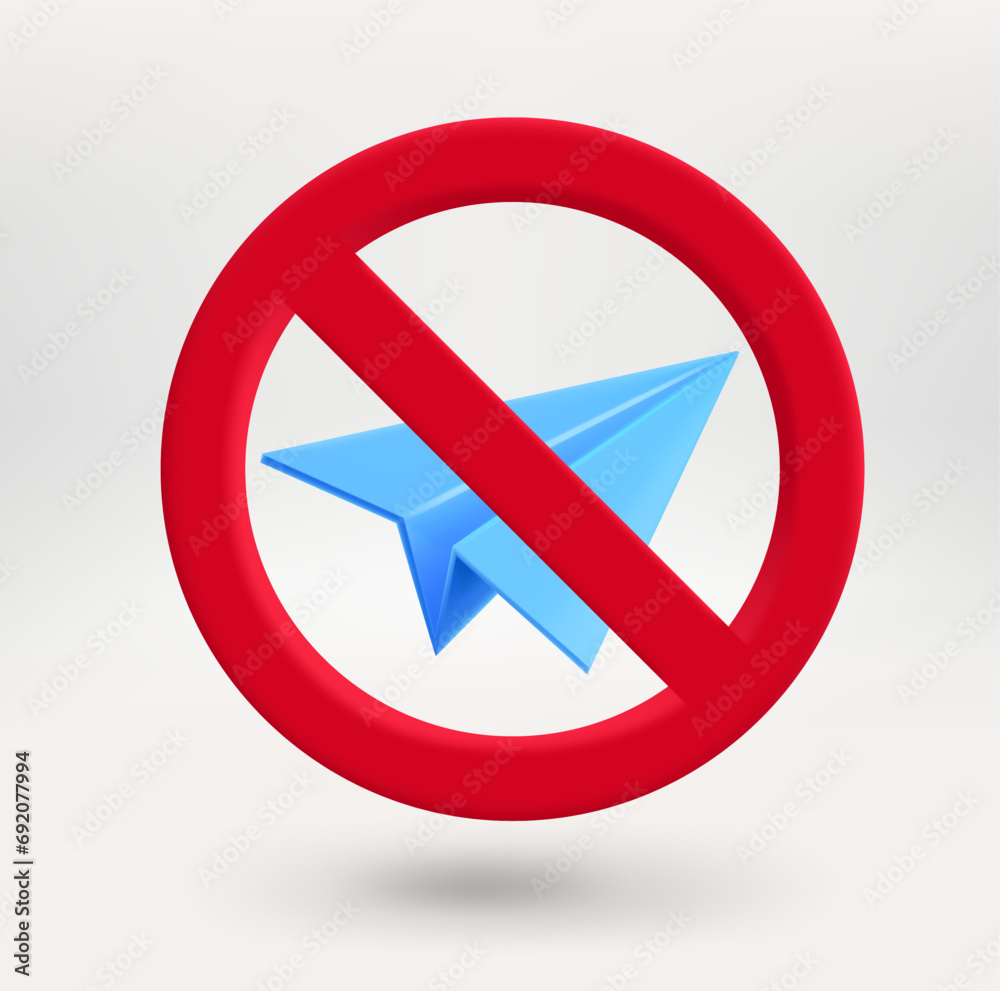 Poster Blue paper plane in red circle with crossed line. No messages concept. 3d vector icon 