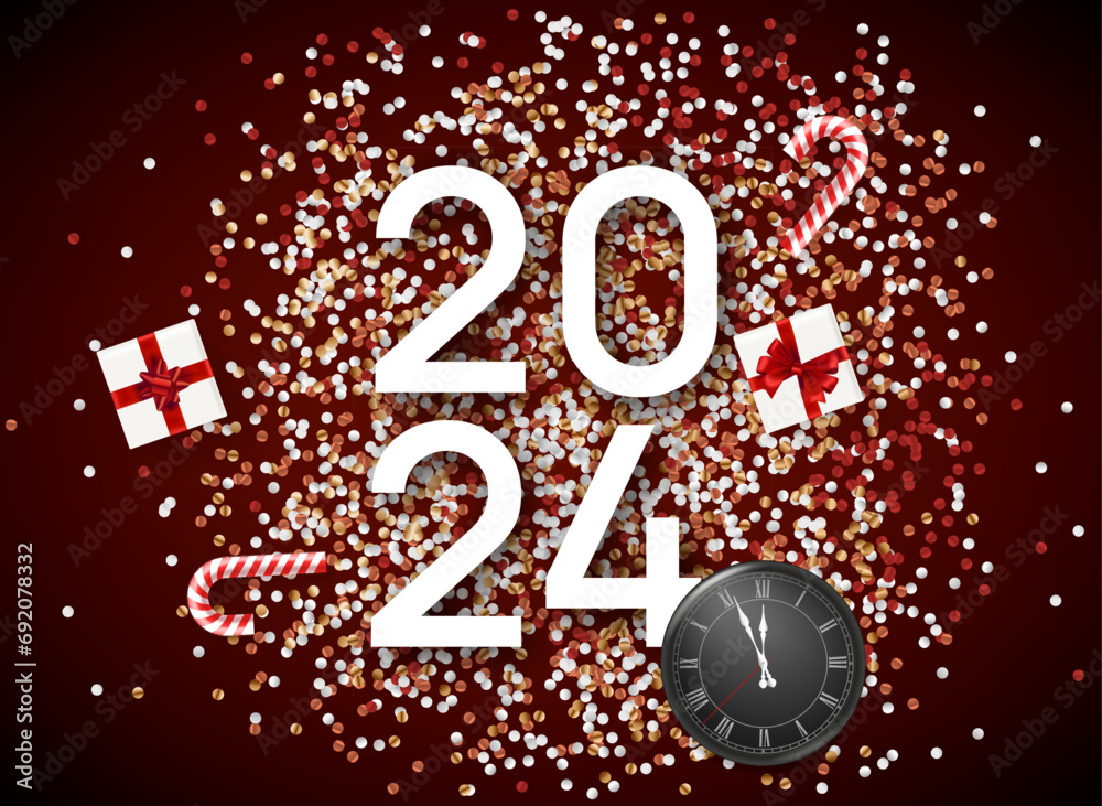 Poster hapyy new 2024 year card with clock and gifts. 3d vector flat lay illustration