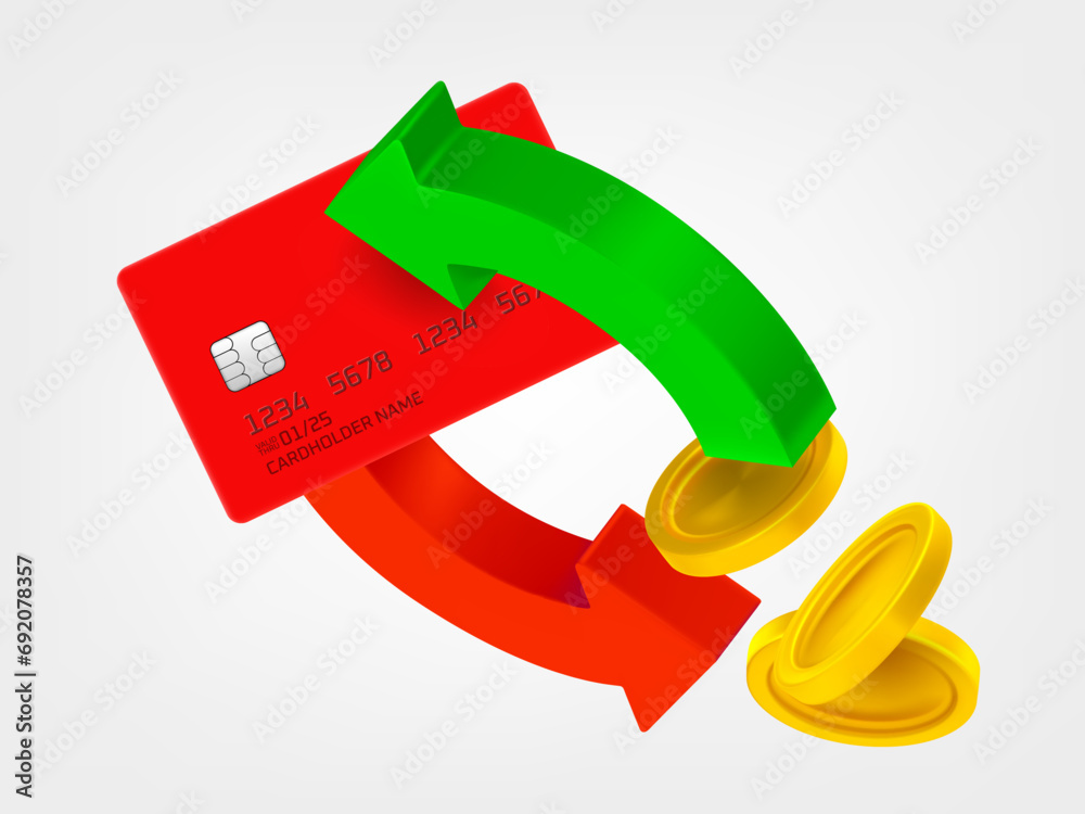 Poster Two arrow in the circle with coins and bank card. Cashback concept. 3d vector icons isolated on white background