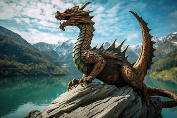 Fototapeta premium wooden dragon perched high on an alpine rock, overlooking a serene mountain lake with surrounding peaks, a mythical sentinel in a landscape of tranquil beauty