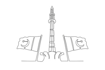 A monument and flag of Pakistan. Pakistan Day one-line drawing