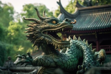 Perched at a sacred temple, this intricate green dragon sculpture stands as a vigilant guardian