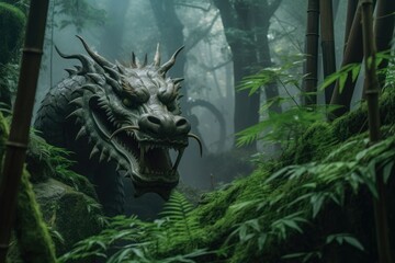 Nestled within the heart of a mystical forest, a green dragon symbolizes the coming Chinese New Year. Its fierce gaze pierces through the shrouded mist - obrazy, fototapety, plakaty