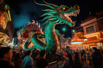 Fototapeta premium towering green dragon winds through a crowd celebrating the Chinese New Year, under illuminated lanterns