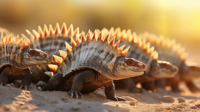 A group of Dimetrodon basking in the sun during the Permian period, Evolution, Paleontology, blurred background, with copy space