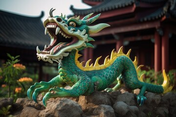 Fototapeta na wymiar intricately carved green wooden dragon at a temple