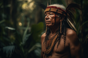 Generative AI image of a Amazon elder in traditional attire