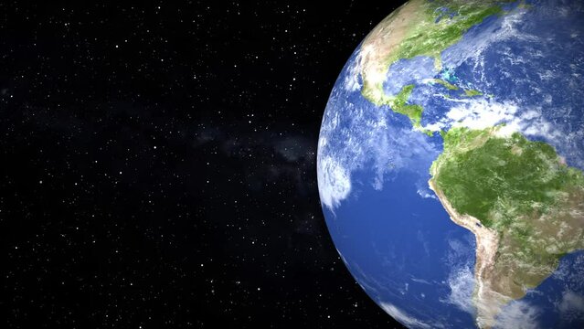 Animation of Earth seen from space, the globe spinning on satellite view on dark background. Global space exploration space travel concept digitally generated image. 