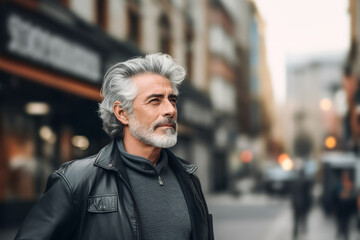 Generative AI image of a distinguished mature man in urban setting