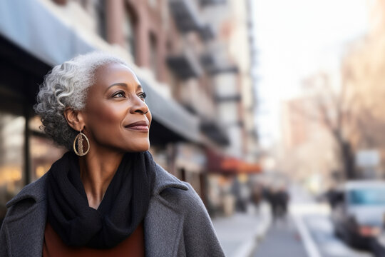 Generative AI portrait of an elegant mature black woman in the city
