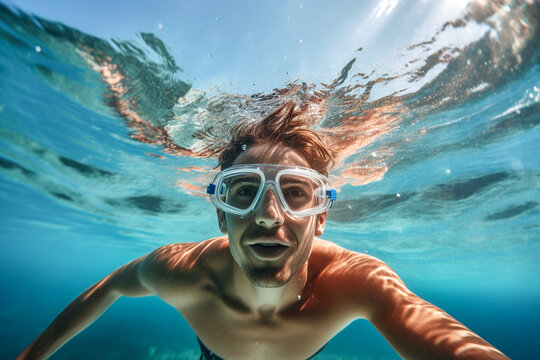 Man's Underwater Adventure Selfie. Generative AI