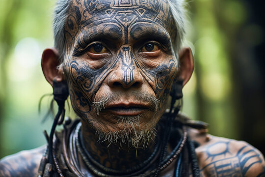Elder with Ancient Tribal Tattoos Generative AI