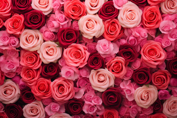 Natural fresh red and pink roses flowers pattern wallpaper. rosebuds close-up. top view, Red rose flower wall background. - obrazy, fototapety, plakaty