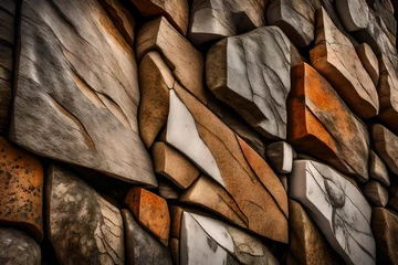 Foto op Plexiglas A close-up shot of a rough-hewn granite wall, showcasing the natural beauty of its irregular patterns and earthy hues. © Resonant Visions