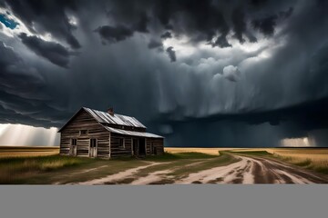 An old farmstead on the prairies beneath dramatic storm clouds in  Marie, Alberta, Canada. The weathered structures and vast open landscape tell a story of resilience against the forces of nature.