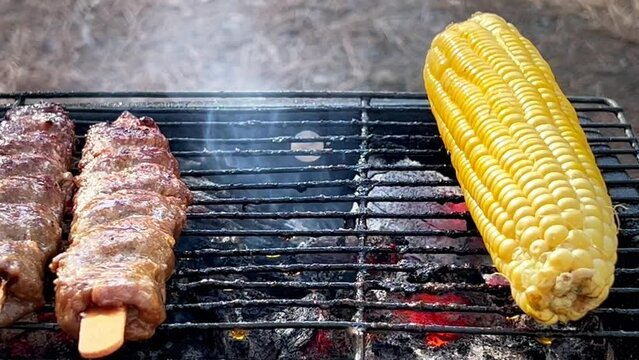 Skewered minced meat kebab fried on wooden sticks grilled corn cobs. Lula kebab, a specialty of Turkish Azerbaijani and Armenian cuisines. L&uuml;le, Lyulya, Adana or Urfa kebap. BBQ Close Up
