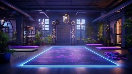 An elegant yoga gym with strategically placed mats and yoga essentials, set against a backdrop of energizing neon lights. - obrazy, fototapety, plakaty