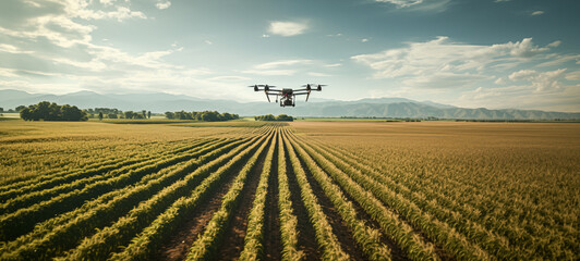 flying drones over agriculture , new technology - Powered by Adobe