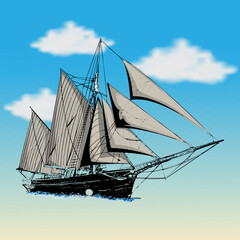 Hand drawn sailboat with beautiful blue sky and clouds background,Elegant boat background