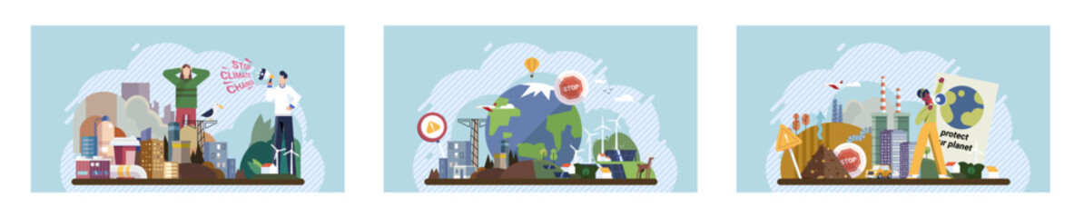 Naklejka premium Climate change. Save the planet. Vector illustration Earth pollution highlights need for responsible waste management and consumption Choose renewable resources to contribute to cleaner planet