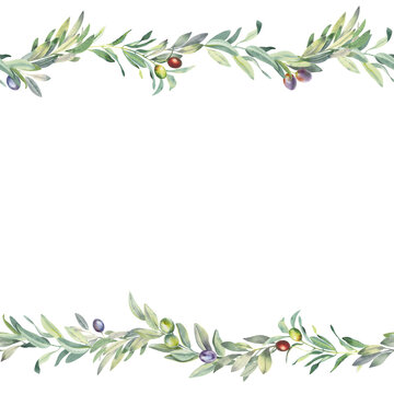 Watercolor illustration Оlive Greenery Frame Wreath Border, Wedding design, invitations, cards, stickers, poster, digital scrapbooking, packaging, logo and graphics websites transparent background PNG