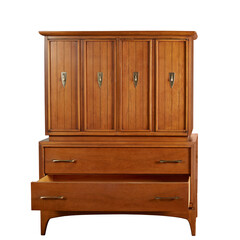 Vintage warm walnut dresser with teardrop pulls. Mid-century modern furniture. Isolated no...