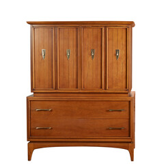 Vintage warm walnut dresser with teardrop pulls. Mid-century modern furniture. Isolated no...