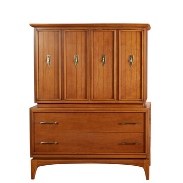 Vintage warm walnut dresser with teardrop pulls. Mid-century modern furniture. Isolated no background png. 