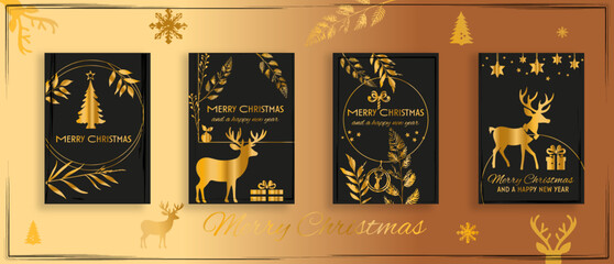 Christmas and New Year greeting card - with golden christmas elements, such as reindeer, fir tree, gifts and other botanical elements. Happy New Year.