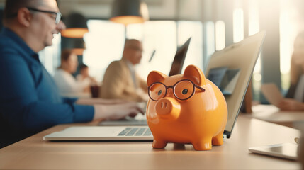 Piggybank on a desk with stacks of coins next to it, while a blurred businessman works on a laptop in the background.