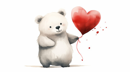 A white bear holds a red heart for Valentine's Day.