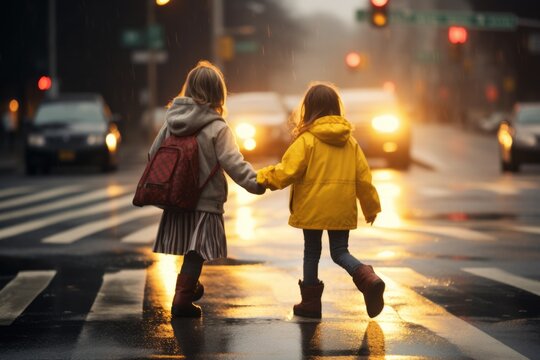 Two school children cross the road on a zebra crossing. Two girls in bright clothes cross the road at a pedestrian crossing - Powered by Adobe
