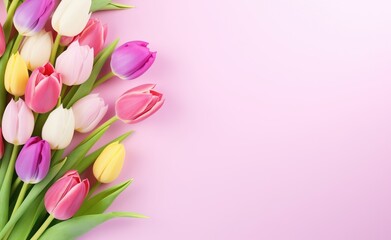 Colorful fresh spring tulip flowers border in a row on a pink background