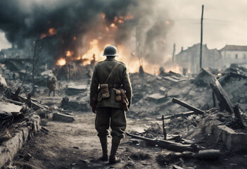 Rimandi Storici- Soldato della Seconda Guerra Mondiale Contempla la Devastazione in una Città Europea - obrazy, fototapety, plakaty