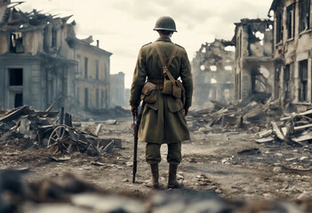 Ombre Resilienti- Soldato della Seconda Guerra Mondiale da dietro nel Campo di Battaglia di una Città Europea Distrutta