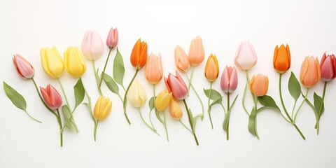 Colorful fresh spring tulip flowers border in a row on a white background